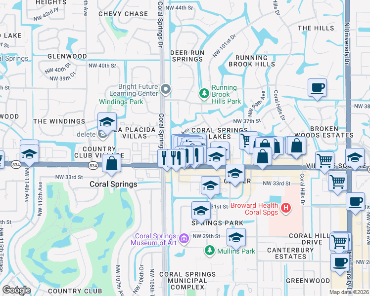 map of restaurants, bars, coffee shops, grocery stores, and more near 3550 Northwest 104th Avenue in Coral Springs
