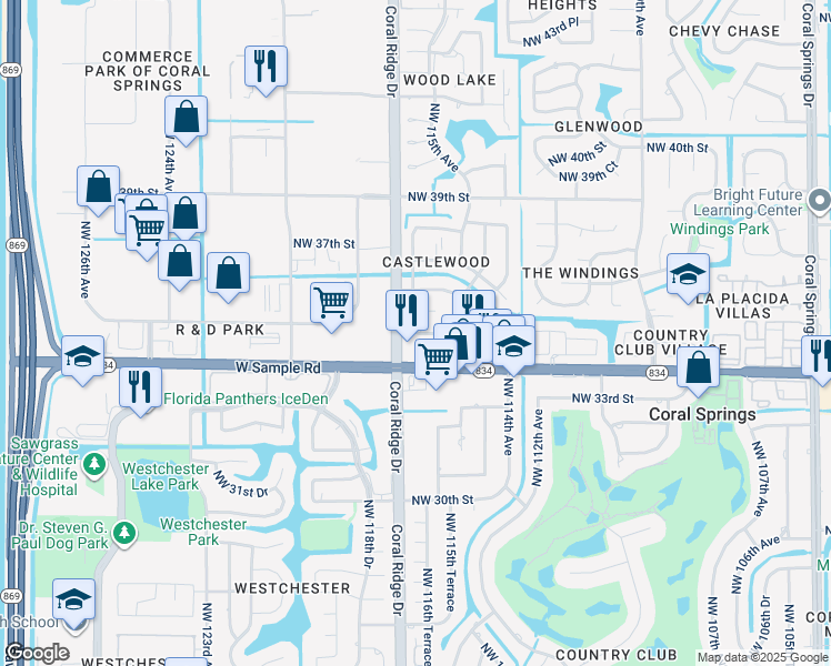 map of restaurants, bars, coffee shops, grocery stores, and more near 11605 Northwest 35th Street in Coral Springs