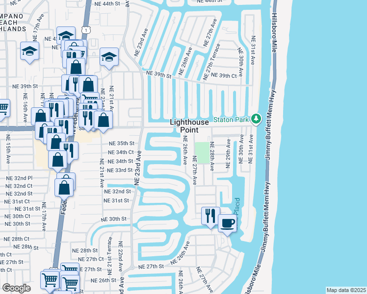 map of restaurants, bars, coffee shops, grocery stores, and more near 2550 Northeast 35th Street in Lighthouse Point