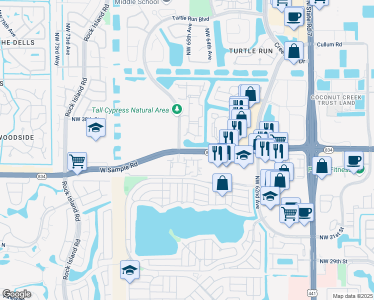map of restaurants, bars, coffee shops, grocery stores, and more near 6301 W Sample Rd in Coral Springs