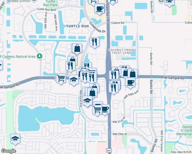 map of restaurants, bars, coffee shops, grocery stores, and more near 5920 West Sample Road in Coral Springs