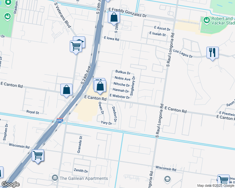 map of restaurants, bars, coffee shops, grocery stores, and more near 1809 Webster Drive in Edinburg