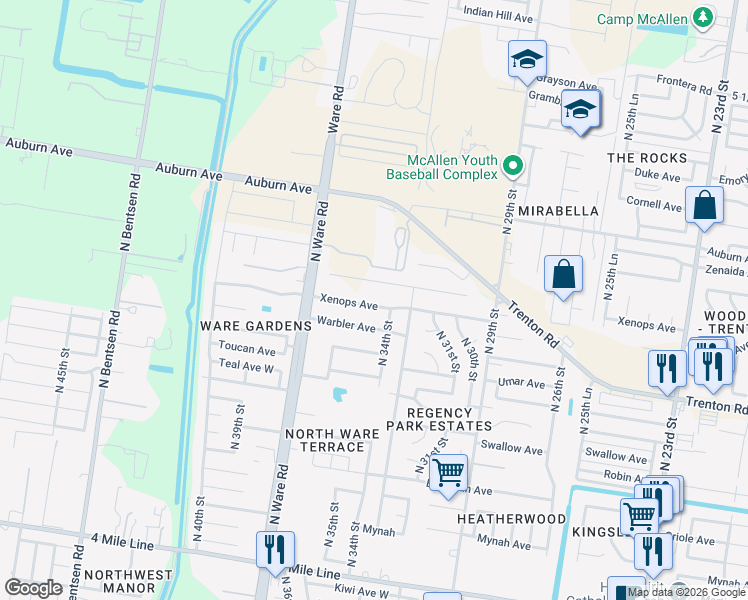 map of restaurants, bars, coffee shops, grocery stores, and more near 3404 Xenops Avenue in McAllen