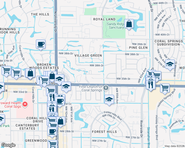 map of restaurants, bars, coffee shops, grocery stores, and more near 3521 Northwest 88th Drive in Coral Springs