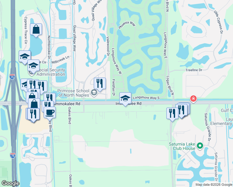 map of restaurants, bars, coffee shops, grocery stores, and more near 10843 Fieldfair Drive in Naples