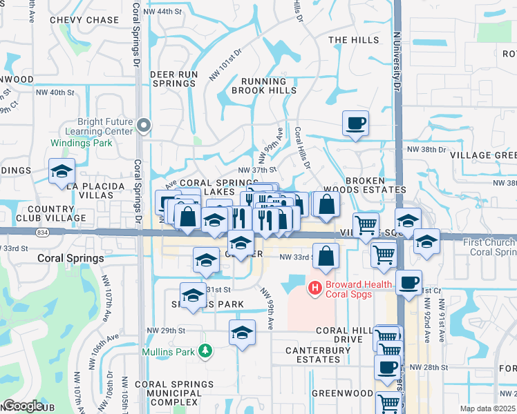 map of restaurants, bars, coffee shops, grocery stores, and more near 3560 Northwest 99th Avenue in Coral Springs