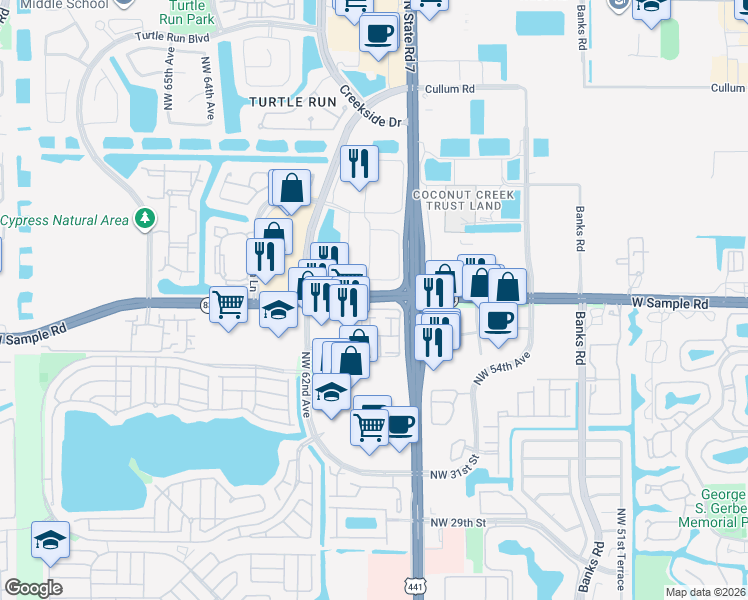 map of restaurants, bars, coffee shops, grocery stores, and more near 5920 West Sample Road in Coral Springs