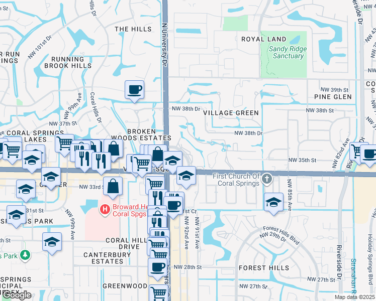map of restaurants, bars, coffee shops, grocery stores, and more near 3535 Broken Woods Drive in Coral Springs