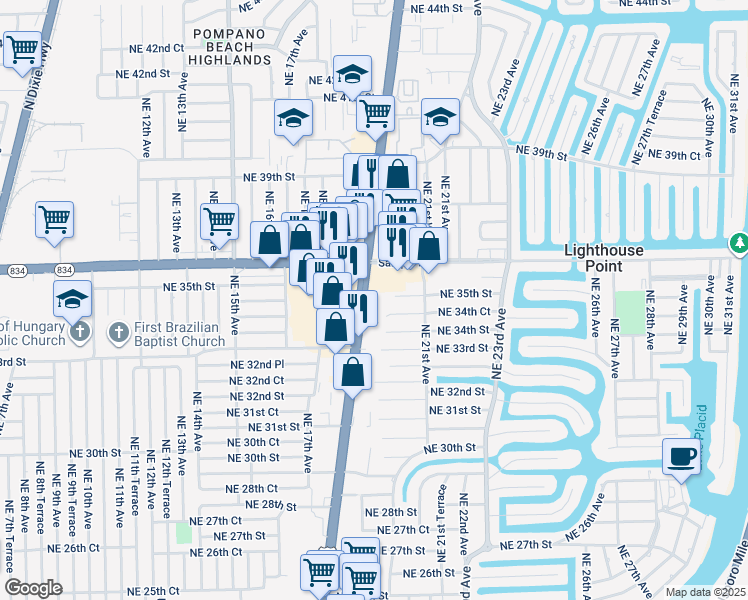 map of restaurants, bars, coffee shops, grocery stores, and more near 3500 U.S. 1 in Lighthouse Point