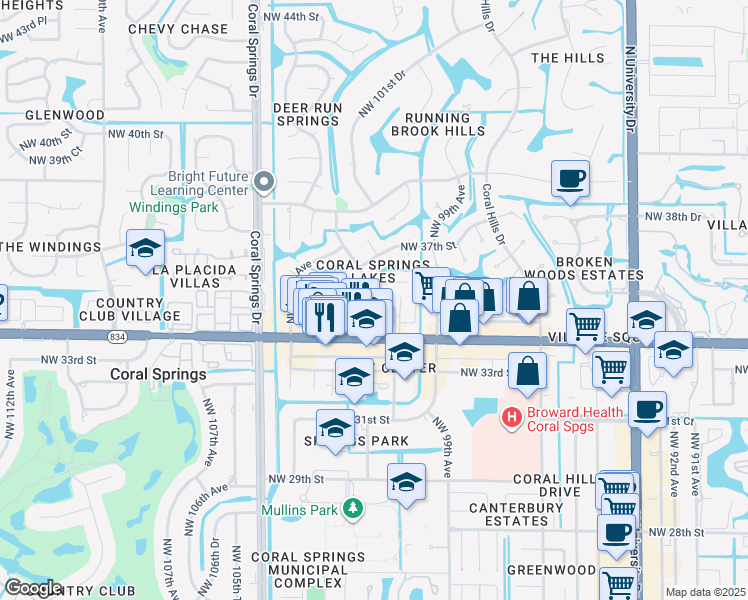 map of restaurants, bars, coffee shops, grocery stores, and more near 10201 Northwest 35th Street in Coral Springs