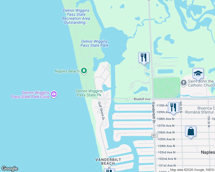 map of restaurants, bars, coffee shops, grocery stores, and more near 39 Bluebill Avenue in Naples