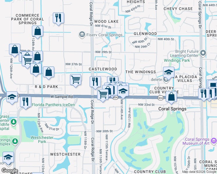 map of restaurants, bars, coffee shops, grocery stores, and more near 3501 Northwest 114th Lane in Coral Springs