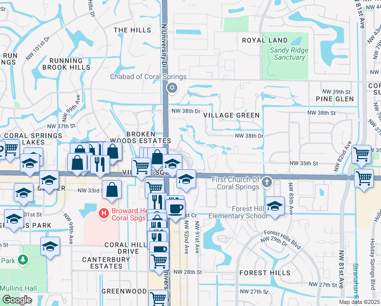 map of restaurants, bars, coffee shops, grocery stores, and more near 3535 Broken Woods Drive in Coral Springs