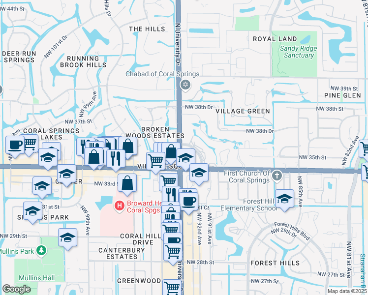 map of restaurants, bars, coffee shops, grocery stores, and more near 3481 North University Drive in Coral Springs