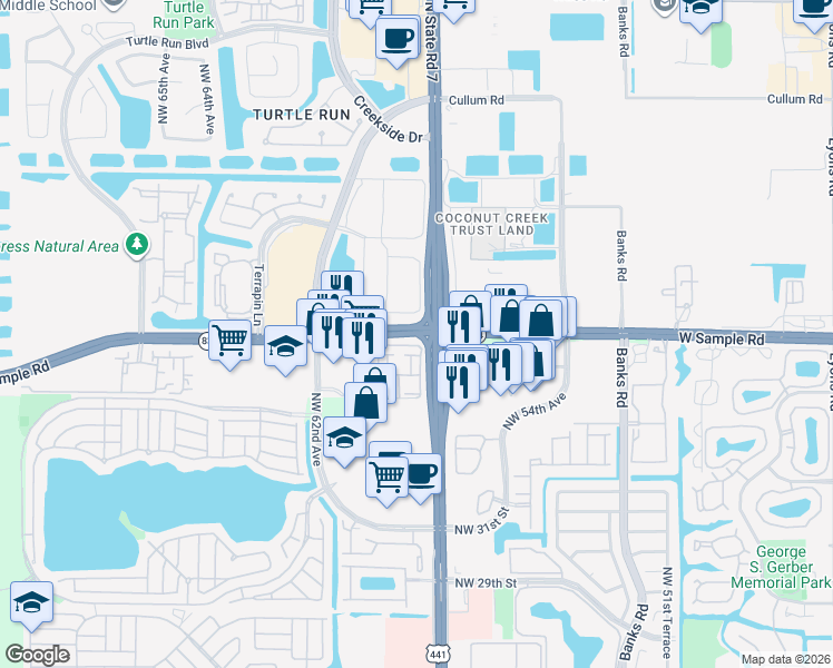 map of restaurants, bars, coffee shops, grocery stores, and more near 5742 West Sample Road in Pompano Beach
