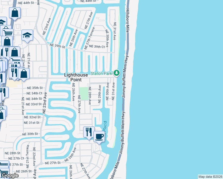 map of restaurants, bars, coffee shops, grocery stores, and more near 3481 Northeast 31st Avenue in Lighthouse Point