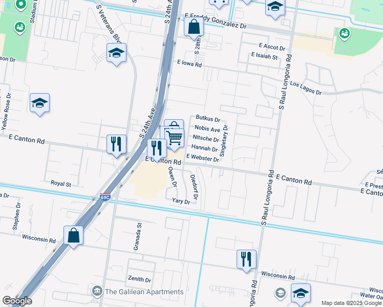 map of restaurants, bars, coffee shops, grocery stores, and more near 1809 Webster Drive in Edinburg