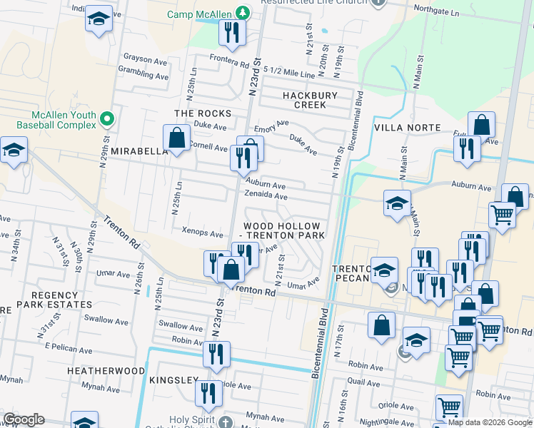 map of restaurants, bars, coffee shops, grocery stores, and more near 7616 N 21st St in McAllen