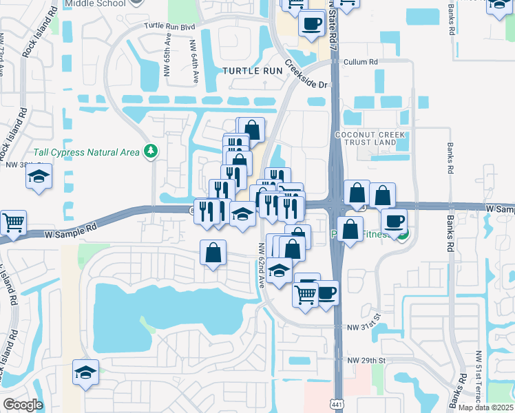 map of restaurants, bars, coffee shops, grocery stores, and more near in Coral Springs