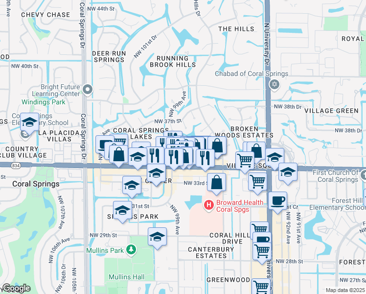 map of restaurants, bars, coffee shops, grocery stores, and more near 3521 Northwest 99th Avenue in Coral Springs