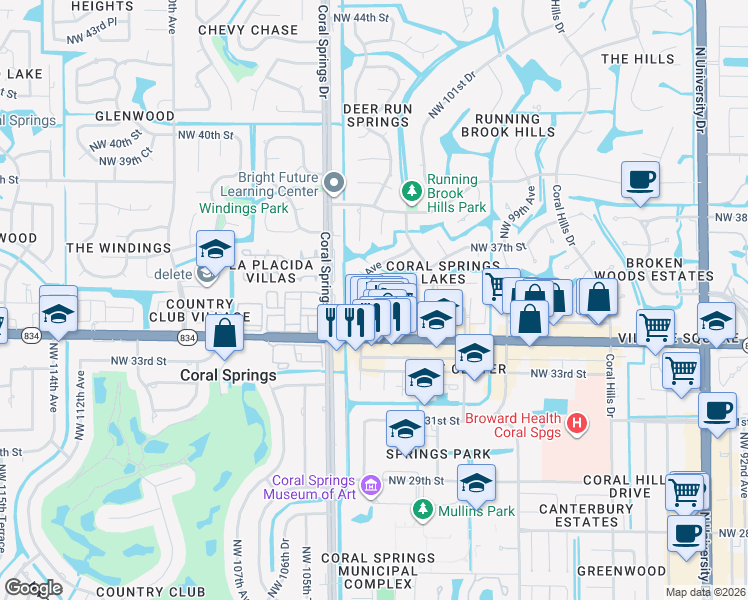 map of restaurants, bars, coffee shops, grocery stores, and more near 3550 Northwest 104th Avenue in Coral Springs