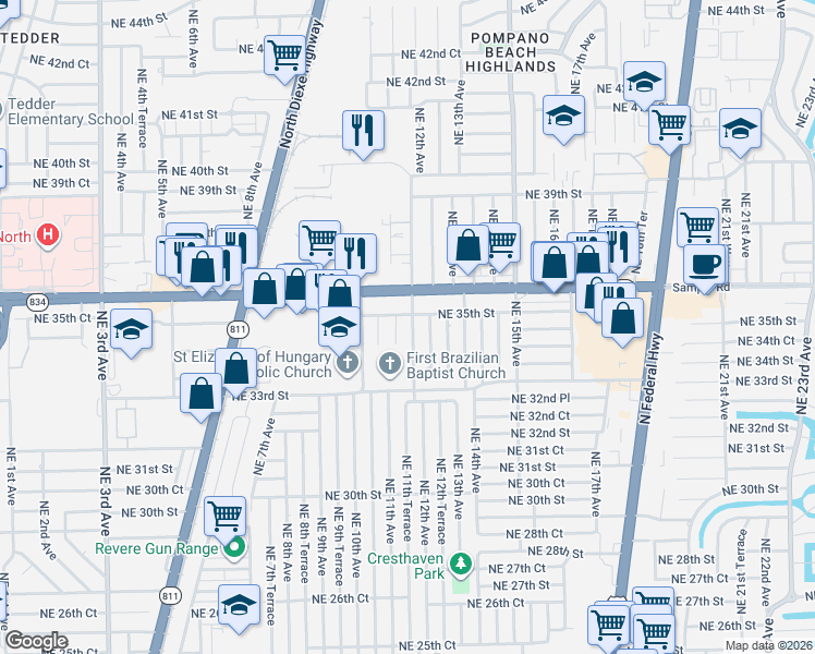 map of restaurants, bars, coffee shops, grocery stores, and more near 3441 Northeast 12th Avenue in Pompano Beach