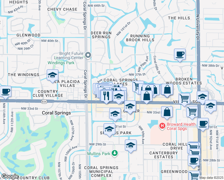 map of restaurants, bars, coffee shops, grocery stores, and more near 10201 Northwest 35th Street in Coral Springs