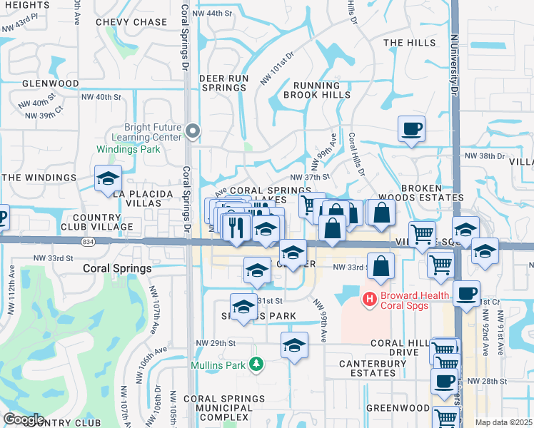 map of restaurants, bars, coffee shops, grocery stores, and more near 10201 Northwest 35th Street in Coral Springs