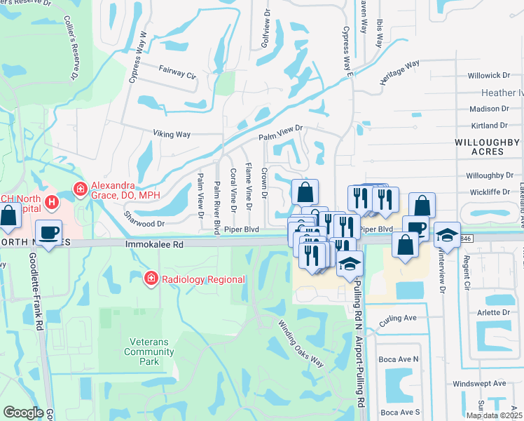 map of restaurants, bars, coffee shops, grocery stores, and more near 117 Crown Drive in Naples