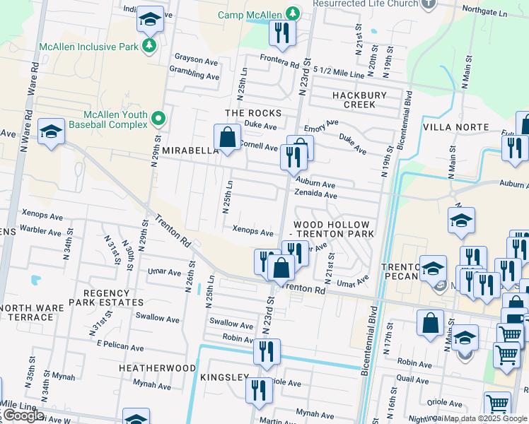 map of restaurants, bars, coffee shops, grocery stores, and more near 7609 North 23rd Street in McAllen