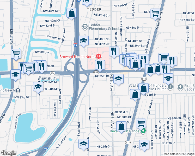 map of restaurants, bars, coffee shops, grocery stores, and more near 141 Northeast 35th Street in Pompano Beach