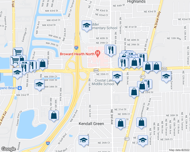 map of restaurants, bars, coffee shops, grocery stores, and more near 3511 Northeast 1st Terrace in Pompano Beach