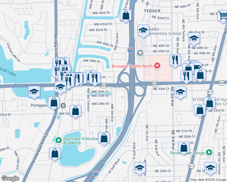 map of restaurants, bars, coffee shops, grocery stores, and more near 3530 Northwest 3rd Avenue in Pompano Beach