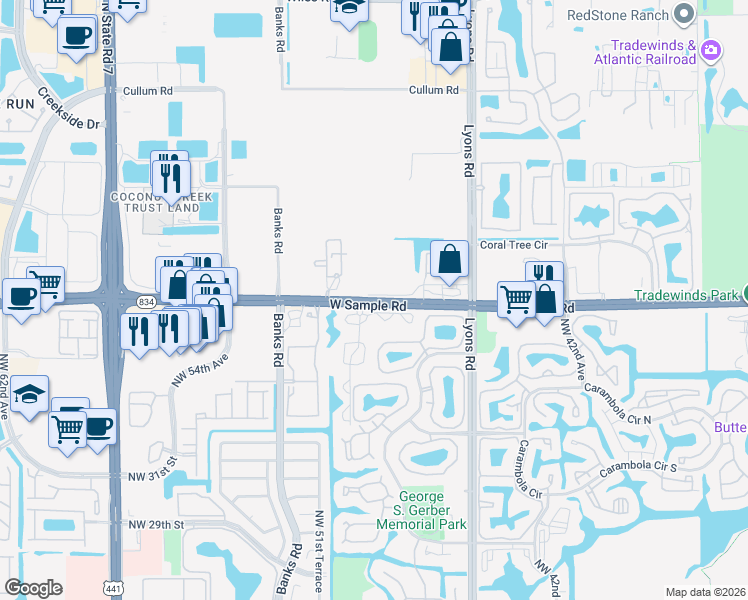 map of restaurants, bars, coffee shops, grocery stores, and more near 4840 Mariners Way in Coconut Creek