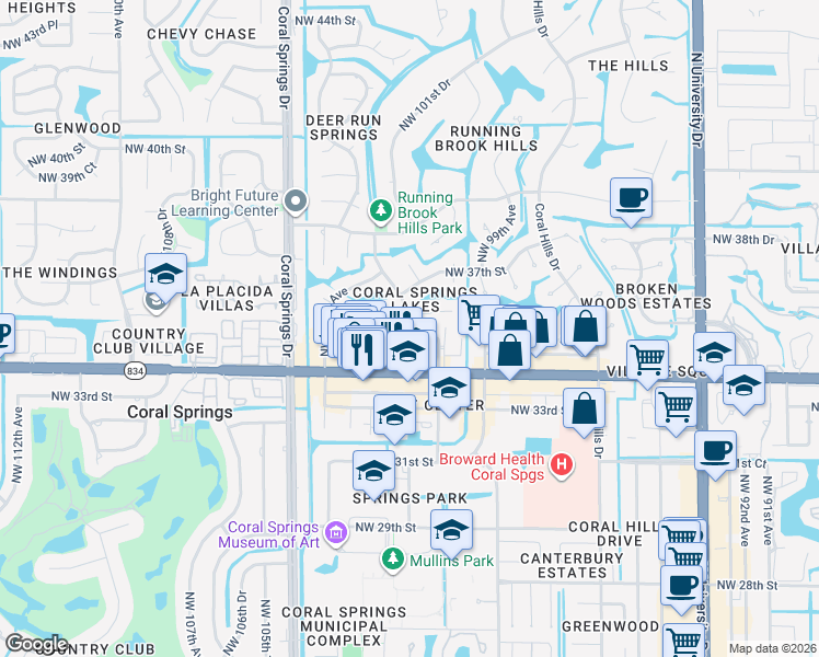 map of restaurants, bars, coffee shops, grocery stores, and more near 10201 Northwest 35th Street in Coral Springs
