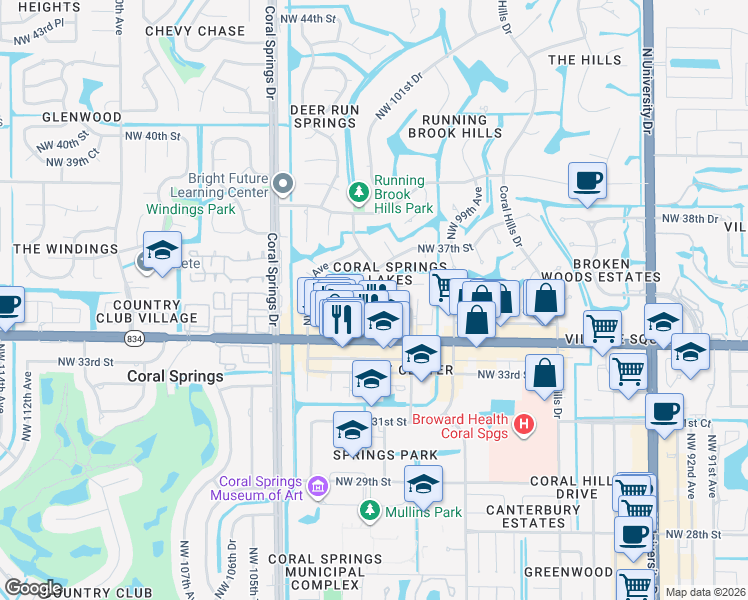 map of restaurants, bars, coffee shops, grocery stores, and more near 10201 Northwest 35th Street in Coral Springs