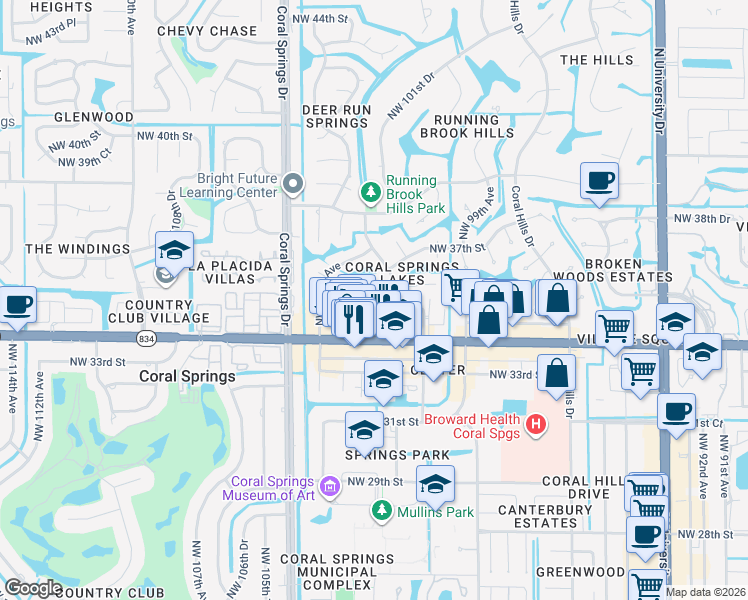 map of restaurants, bars, coffee shops, grocery stores, and more near 10201 Northwest 35th Street in Coral Springs