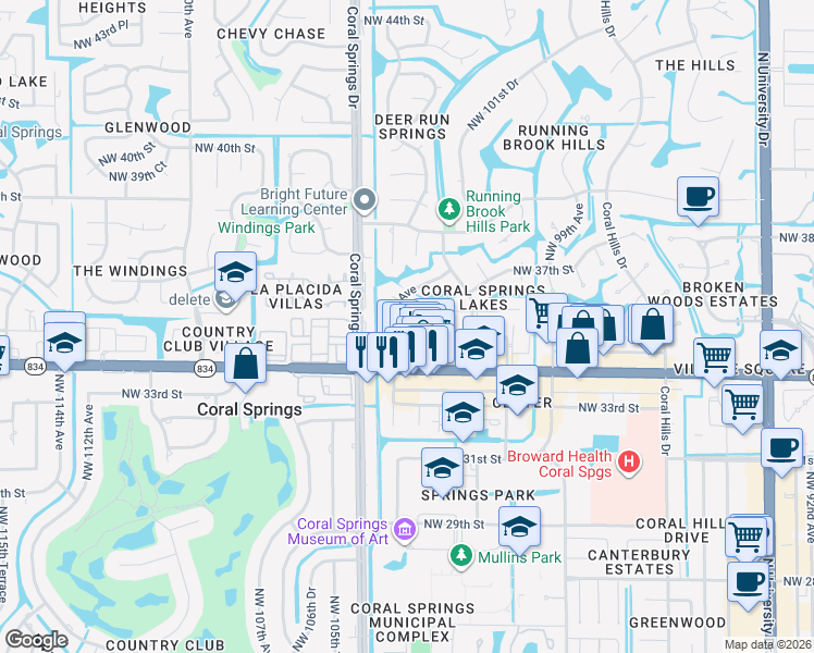 map of restaurants, bars, coffee shops, grocery stores, and more near 3550 Northwest 104th Avenue in Coral Springs