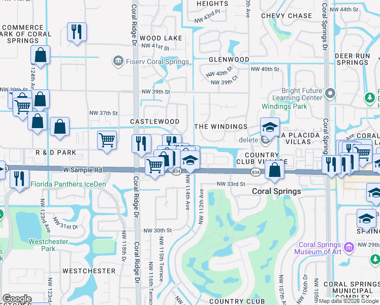 map of restaurants, bars, coffee shops, grocery stores, and more near 11453 Northwest 35th Street in Coral Springs