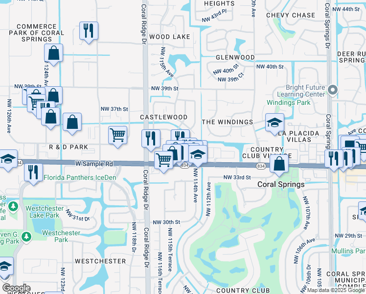 map of restaurants, bars, coffee shops, grocery stores, and more near 11453 Northwest 35th Street in Coral Springs