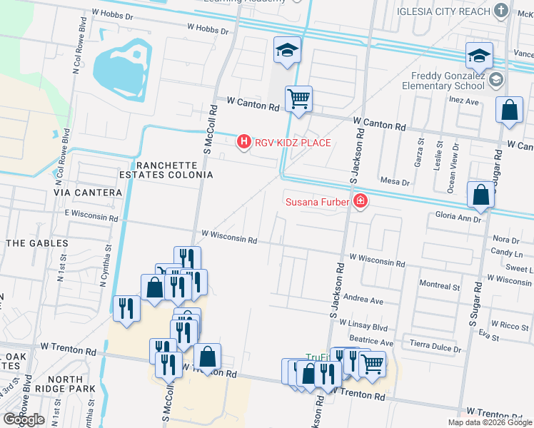 map of restaurants, bars, coffee shops, grocery stores, and more near 2415 West Wisconsin Road in Edinburg