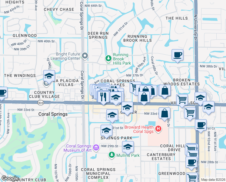 map of restaurants, bars, coffee shops, grocery stores, and more near 10201 Northwest 35th Street in Coral Springs