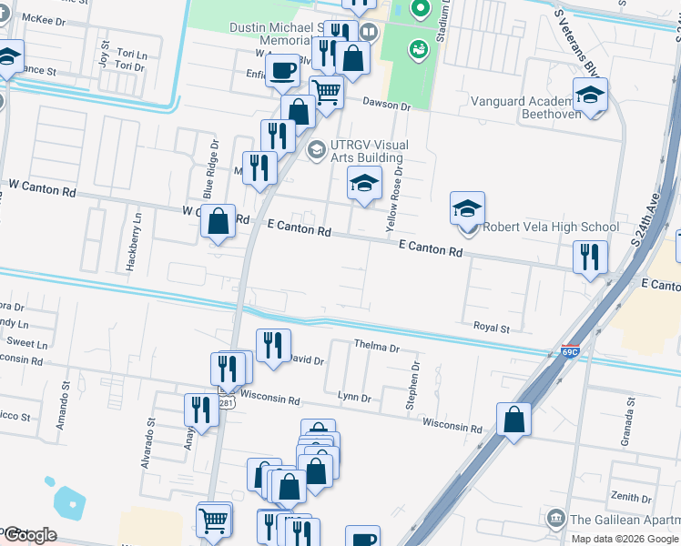 map of restaurants, bars, coffee shops, grocery stores, and more near 318 Sapphire St in Edinburg