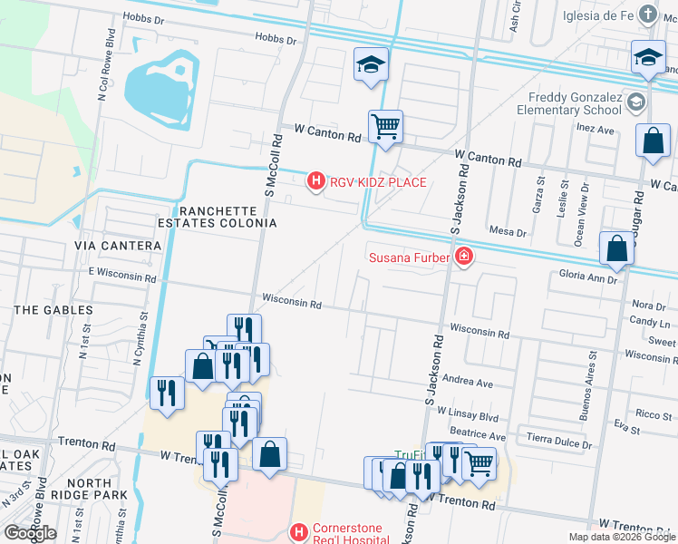 map of restaurants, bars, coffee shops, grocery stores, and more near 2415 West Wisconsin Road in Edinburg