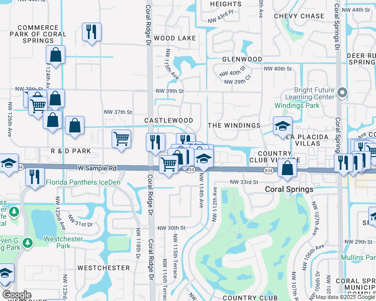 map of restaurants, bars, coffee shops, grocery stores, and more near 11453 Northwest 35th Street in Coral Springs