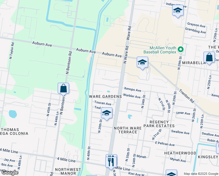map of restaurants, bars, coffee shops, grocery stores, and more near 3801 Xenops Avenue in McAllen