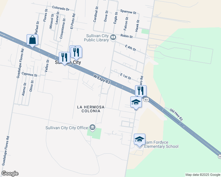 map of restaurants, bars, coffee shops, grocery stores, and more near 107 Ebano Street in Sullivan City