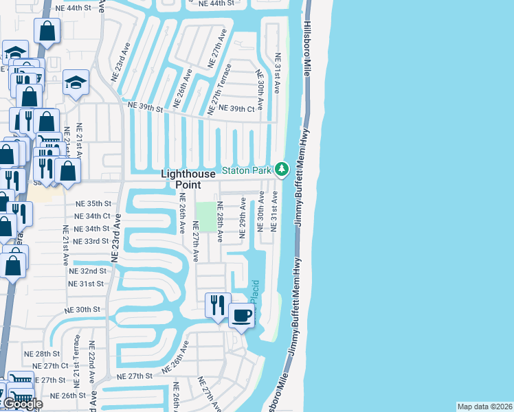 map of restaurants, bars, coffee shops, grocery stores, and more near 3489 Northeast 30th Avenue in Lighthouse Point