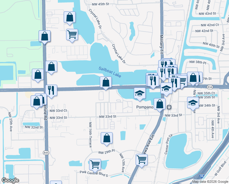 map of restaurants, bars, coffee shops, grocery stores, and more near 3400 Blue Lake Drive in Pompano Beach
