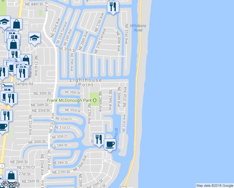 map of restaurants, bars, coffee shops, grocery stores, and more near 3489 Northeast 30th Avenue in Lighthouse Point